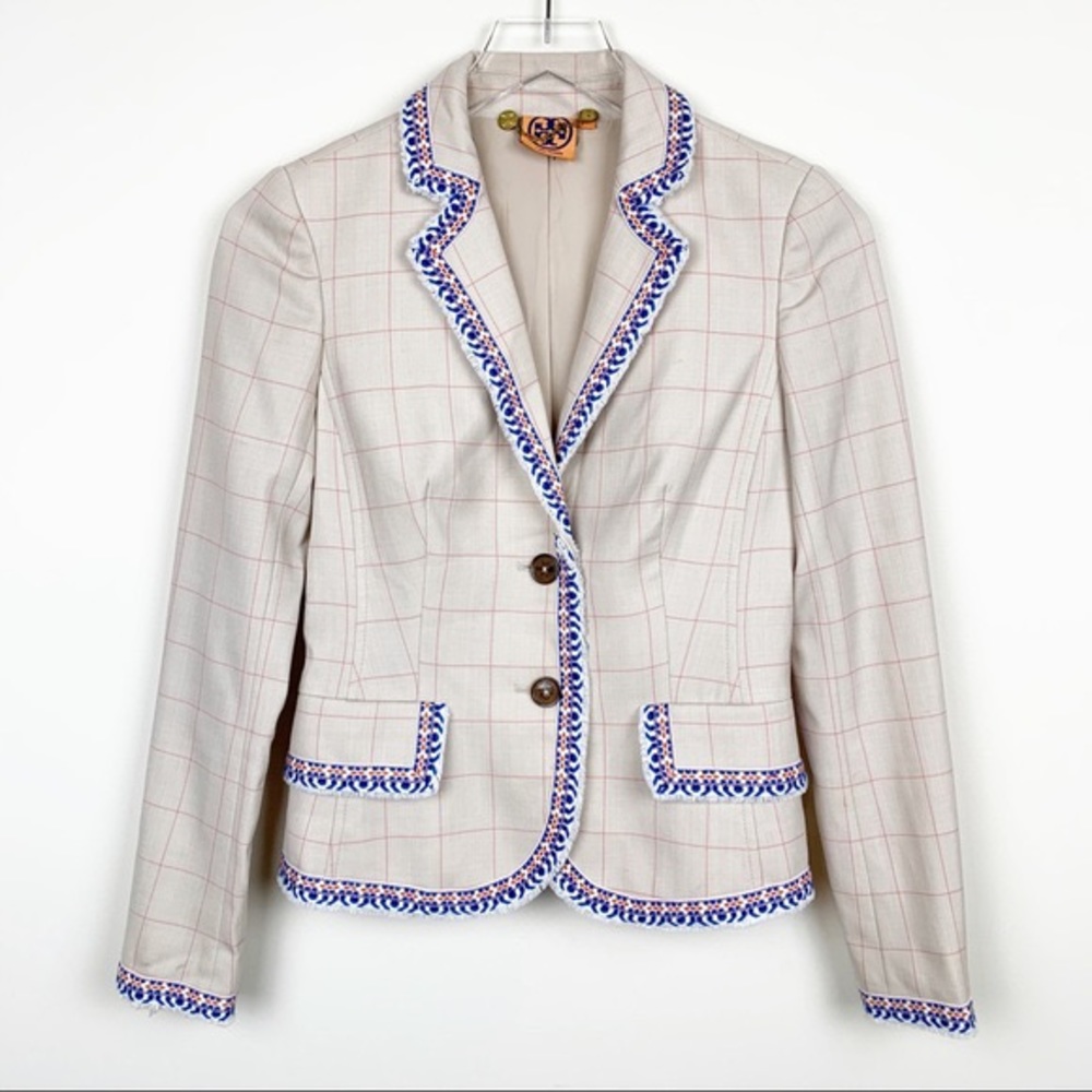 Tory Burch Aztec Windowpane Embroidered Blazer